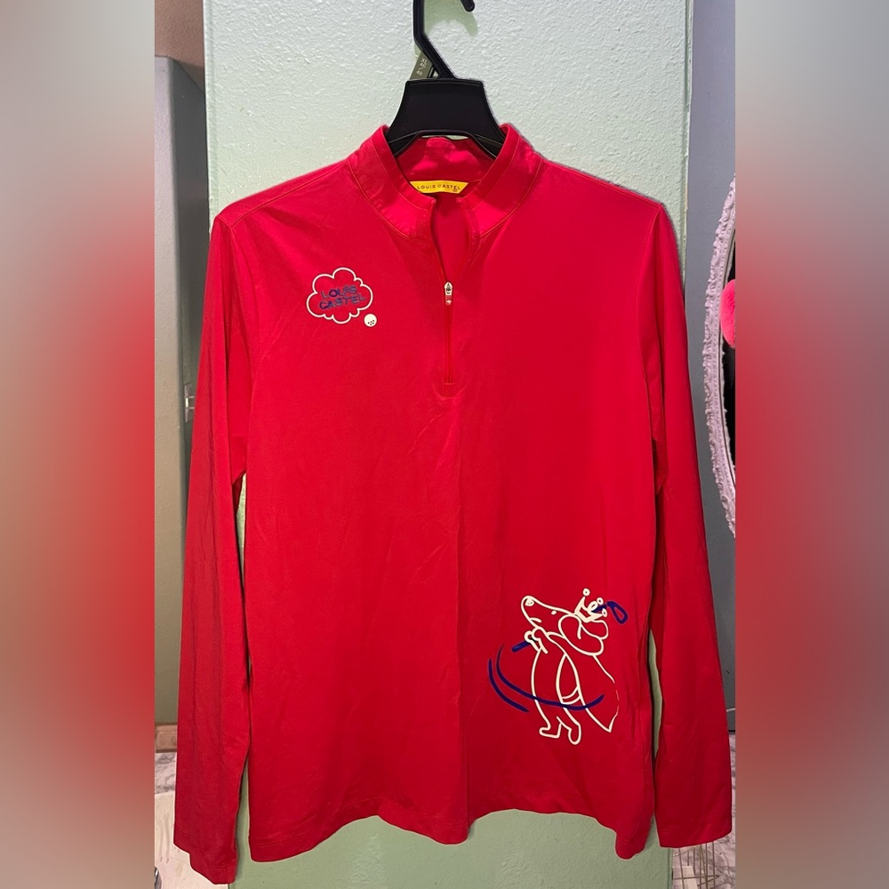 Women's Red Long-Sleeve Half-Zip Pullover with Playful Graphic